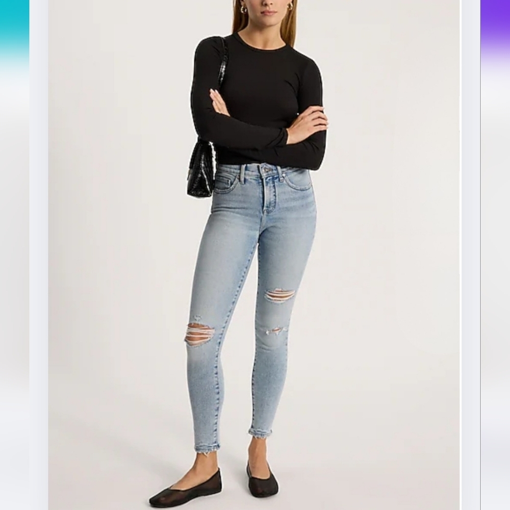 Express Sz 14 Cropped Legging Stretch Mid Rise Blue Distressed Jeans 2875-BG